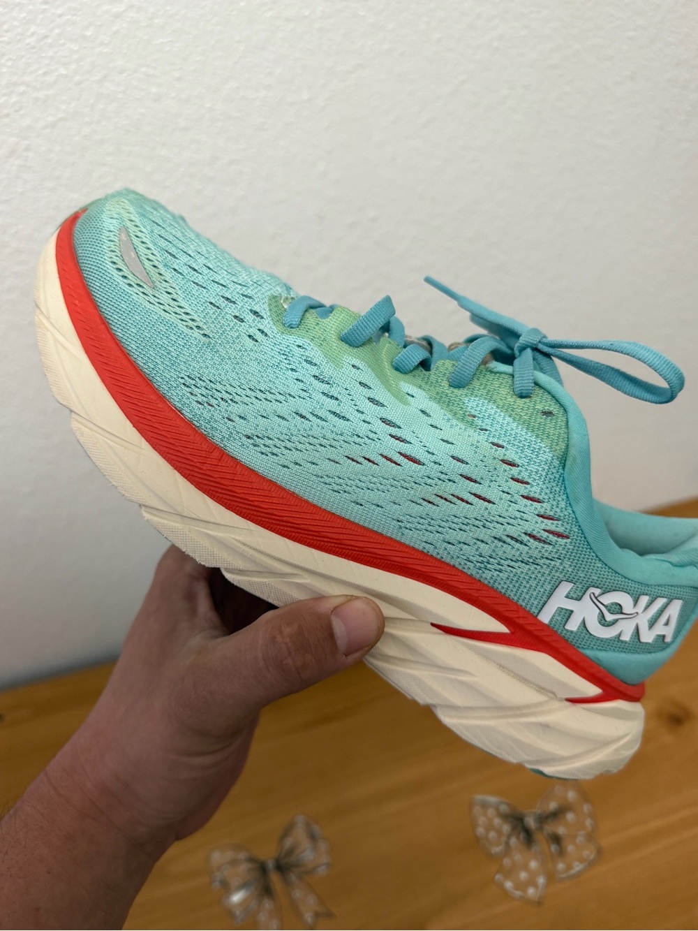 Hoka Women's Running Shoe in Teal with Coral Accent